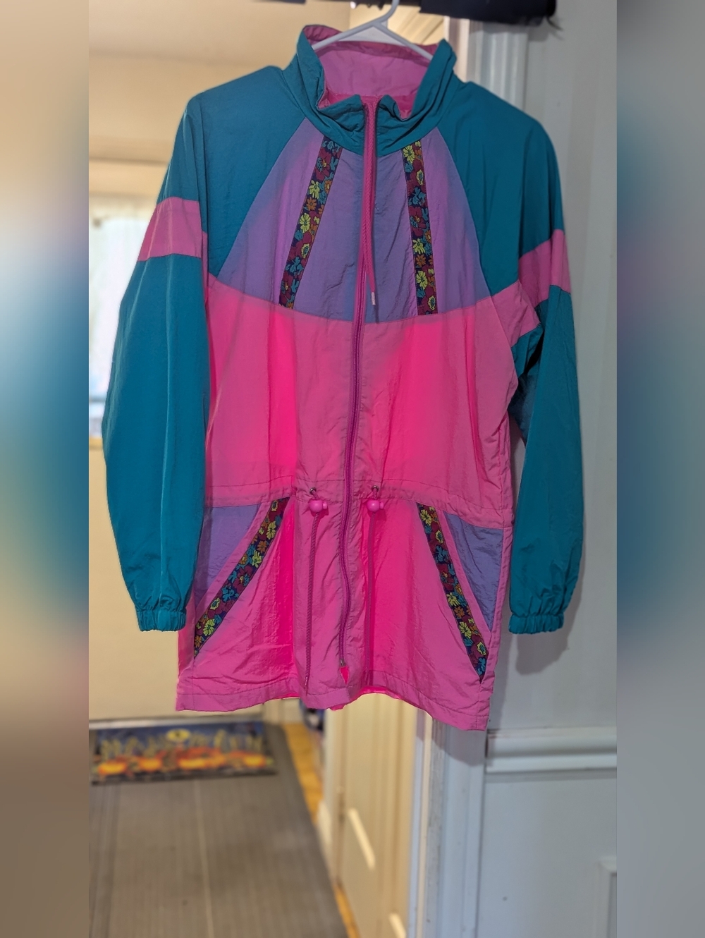 Vintage Colorblock Windbreaker Jacket in Teal & Hot Pink